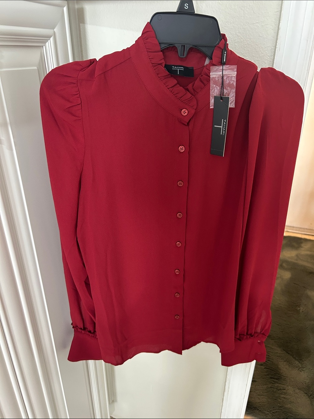 T Tahari Crimson Ruffle-Neck Button Down Blouse